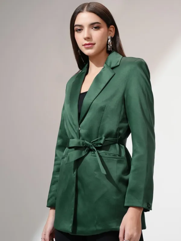 Tokyo Talkies Women Green Double-Breasted Blazer