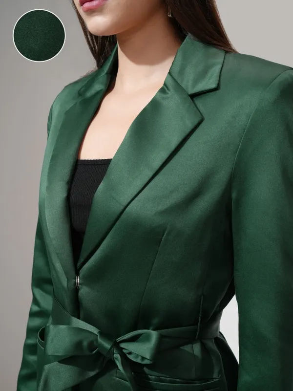 Tokyo Talkies Women Green Double-Breasted Blazer