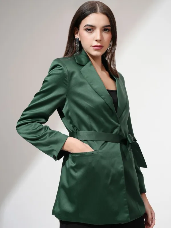 Tokyo Talkies Women Green Single-Breasted Blazer