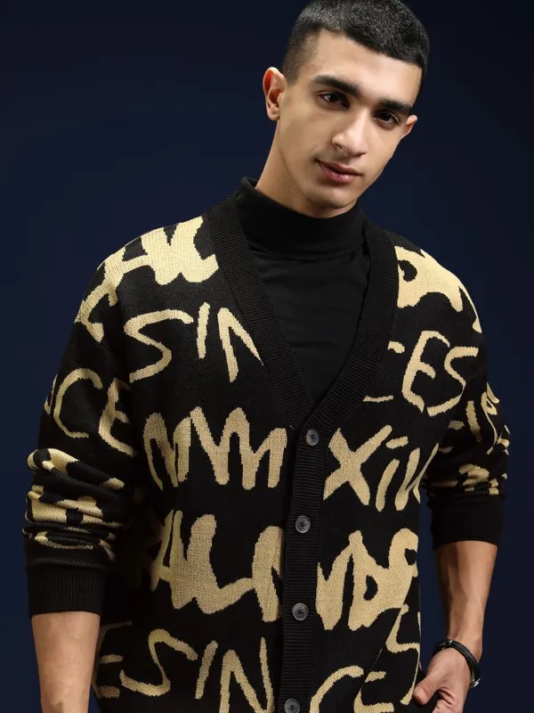 Highlander Men Black V-Neck Cardigan Sweater