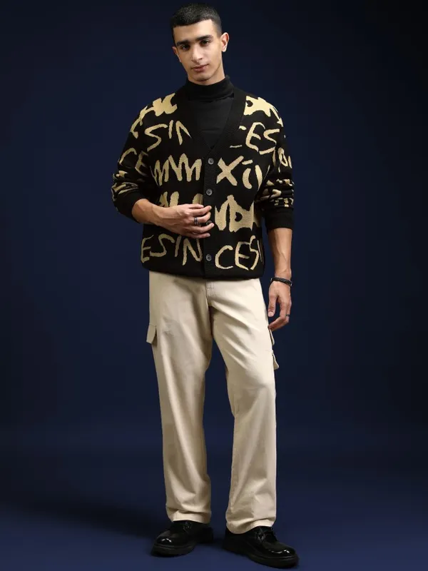 Highlander Men Black V-Neck Cardigan Sweater