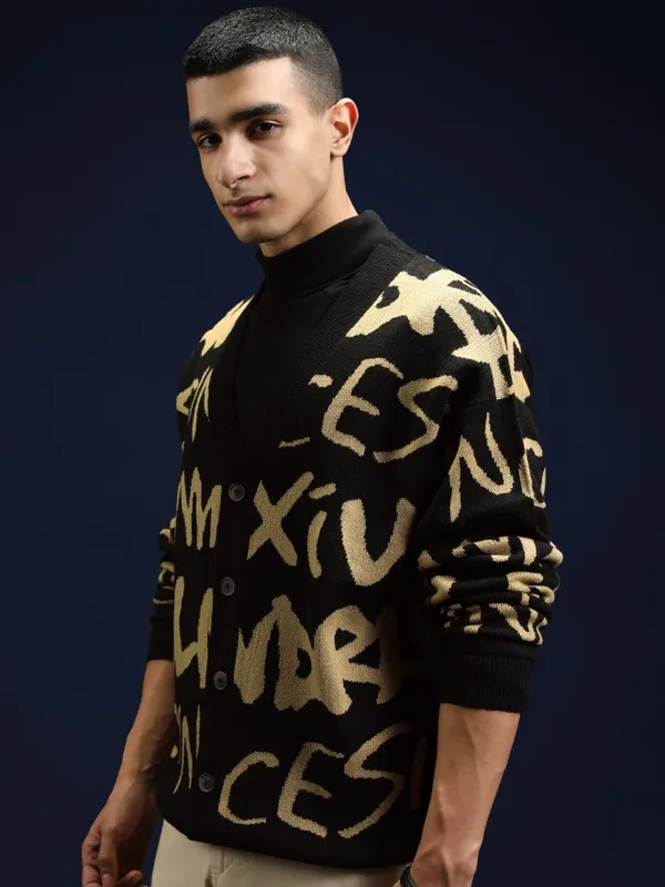 Highlander Men Black V-Neck Cardigan Sweater