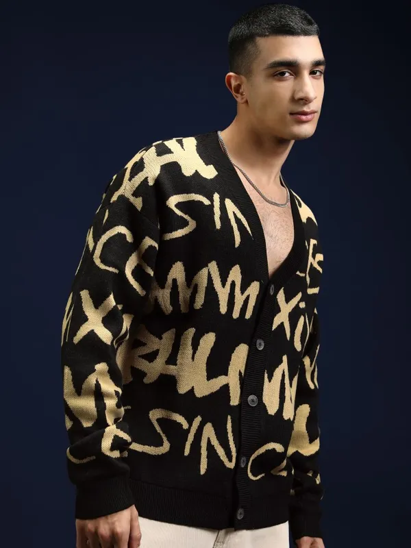 Highlander Men Black V-Neck Cardigan Sweater