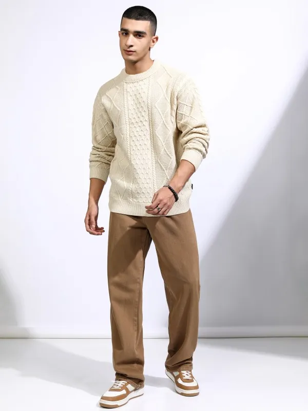 Highlander Men White Round Neck Pullover