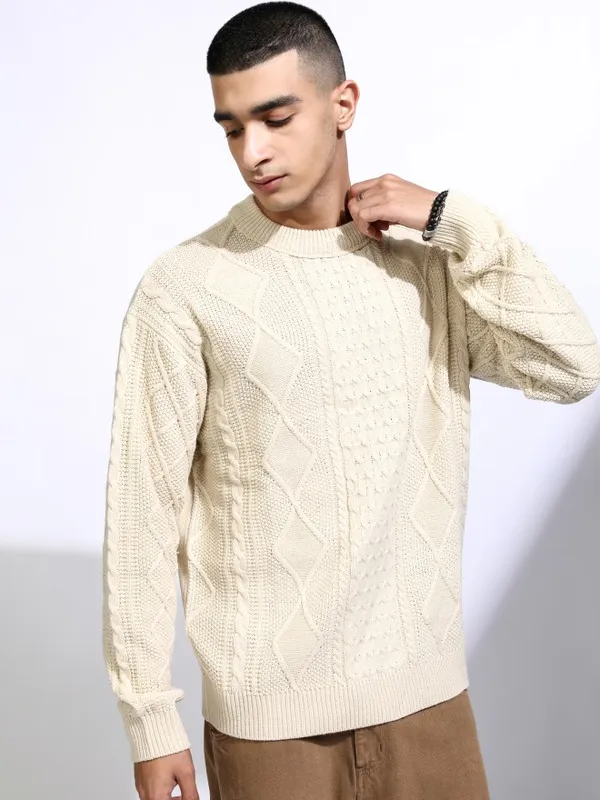 Highlander Men White Round Neck Pullover
