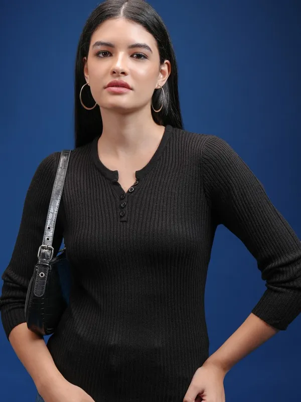 Tokyo Talkies Women Black Round Neck Sweater