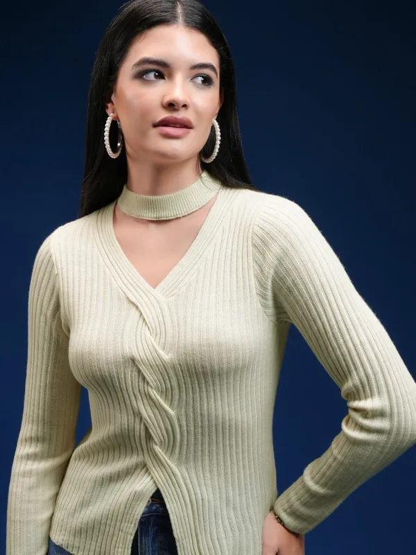 Tokyo Talkies Women Beige V-Neck Sweater