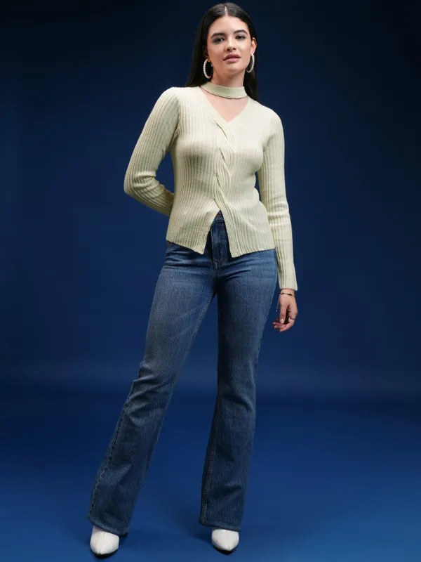 Tokyo Talkies Women Beige V-Neck Pullover Sweater