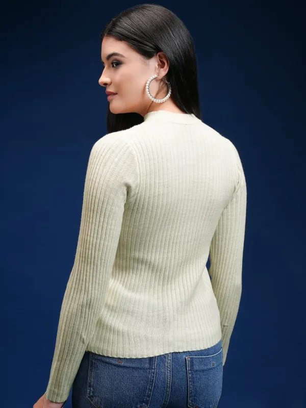 Tokyo Talkies Women Beige V-Neck Pullover Sweater