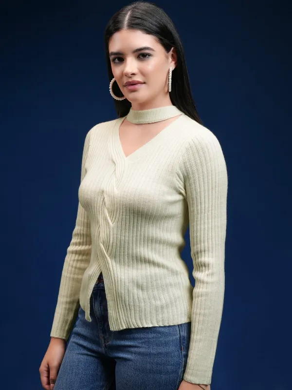 Tokyo Talkies Women Beige V-Neck Pullover Sweater