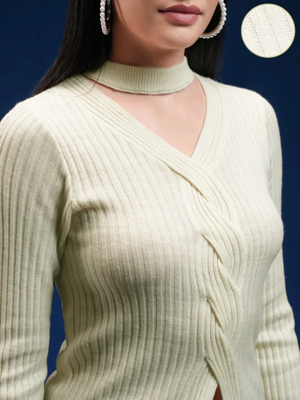 Tokyo Talkies Women Beige V-Neck Pullover Sweater