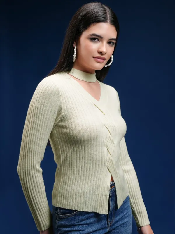 Tokyo Talkies Women Beige V-Neck Pullover Sweater
