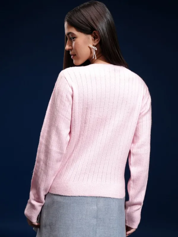 Tokyo Talkies Women Pink Boat Neck Sweater