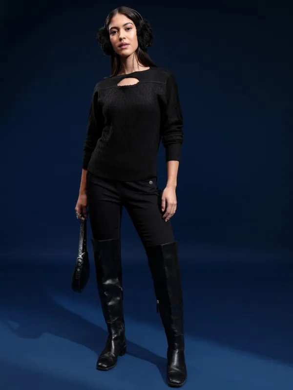 Tokyo Talkies Women Black Boat Neck Sweater