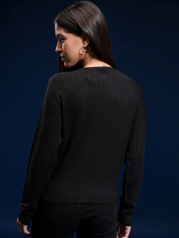 Tokyo Talkies Women Black Boat Neck Sweater