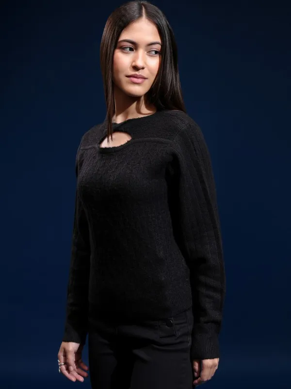 Tokyo Talkies Women Black Boat Neck Sweater