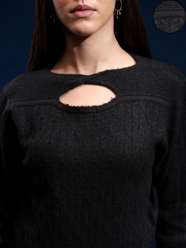 Tokyo Talkies Women Black Boat Neck Sweater