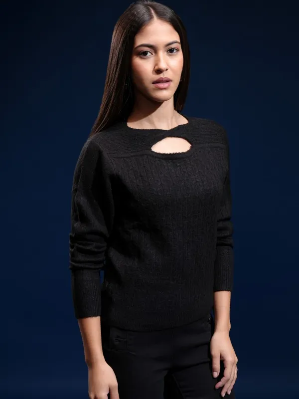 Tokyo Talkies Women Black Boat Neck Sweater