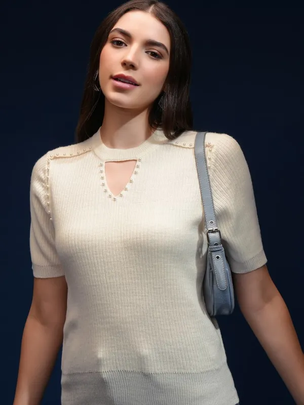 Tokyo Talkies Women Off White Round Neck Sweater