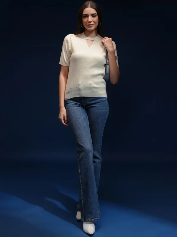 Tokyo Talkies Women Off White Round Neck Sweater