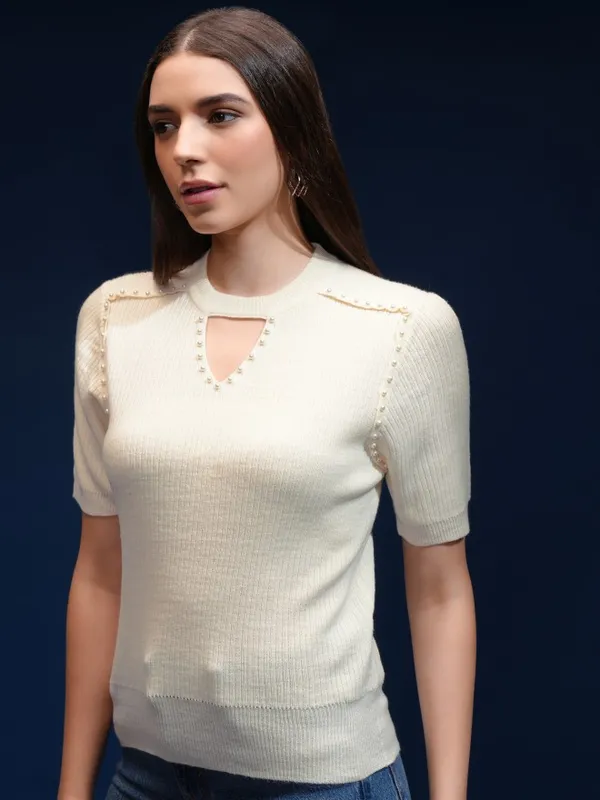 Tokyo Talkies Women Off White Round Neck Sweater