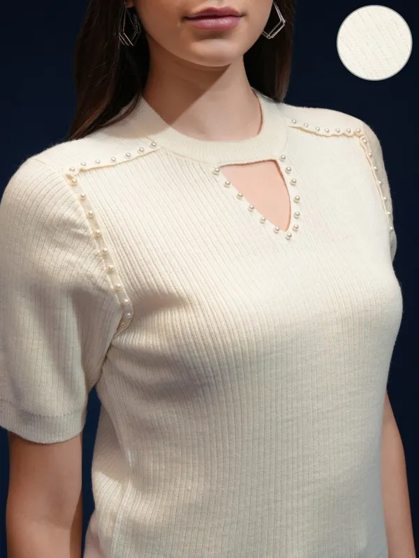 Tokyo Talkies Women Off White Round Neck Sweater