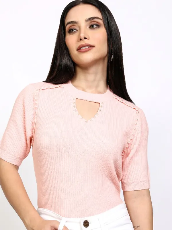 Tokyo Talkies Women Pink Round Neck Sweater