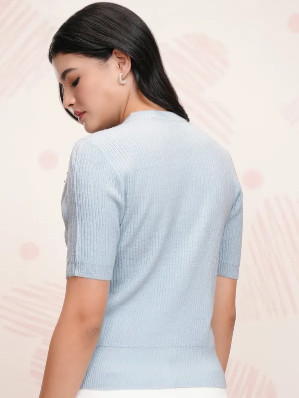 Tokyo Talkies Women Blue Round Neck Sweater