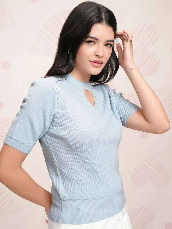 Tokyo Talkies Women Blue Round Neck Sweater