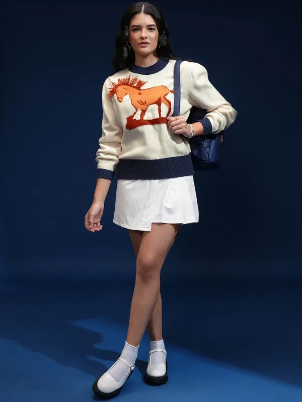 Tokyo Talkies Women Beige Round Neck Sweater
