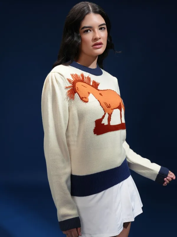 Tokyo Talkies Women Beige Round Neck Sweater