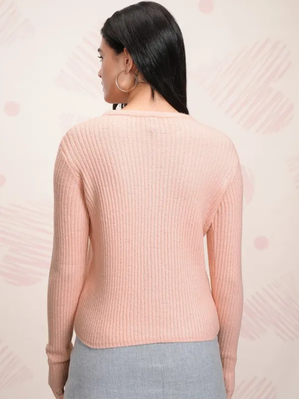Tokyo Talkies Women Rose Round Neck Front-Open Sweater