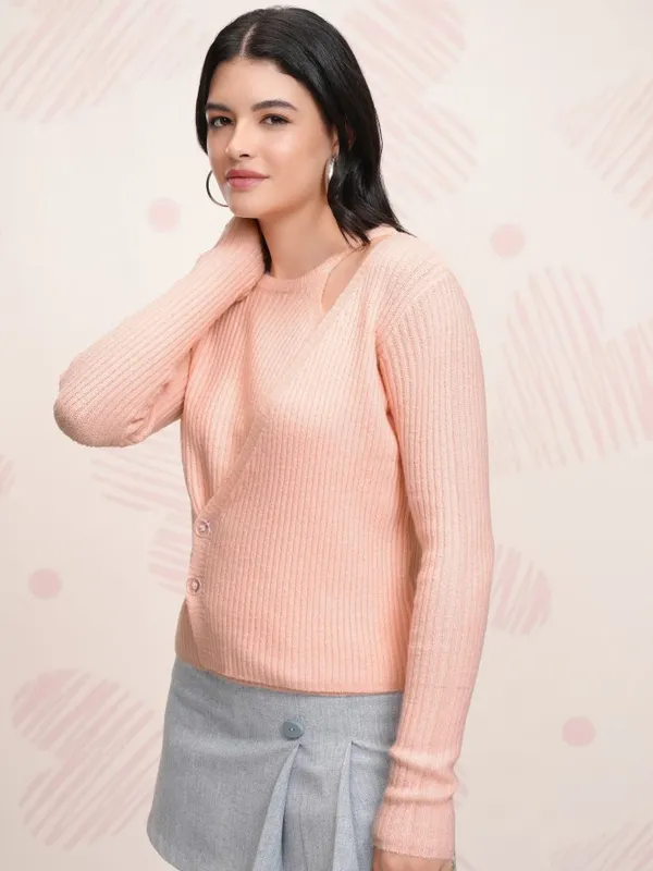 Tokyo Talkies Women Rose Round Neck Front-Open Sweater