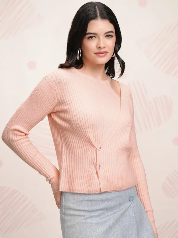 Tokyo Talkies Women Rose Round Neck Front-Open Sweater