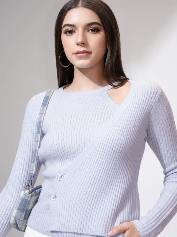 Tokyo Talkies Women Blue Round Neck Cable Knit Sweater