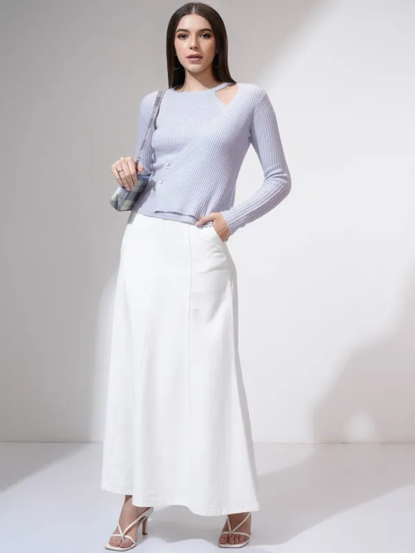 Tokyo Talkies Women Blue Round Neck Cable Knit Sweater