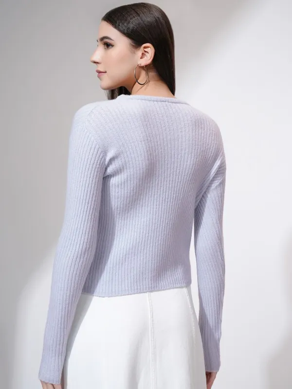 Tokyo Talkies Women Blue Round Neck Cable Knit Sweater