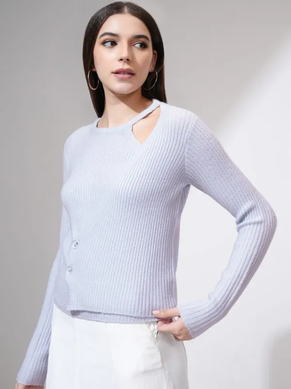 Tokyo Talkies Women Blue Round Neck Cable Knit Sweater