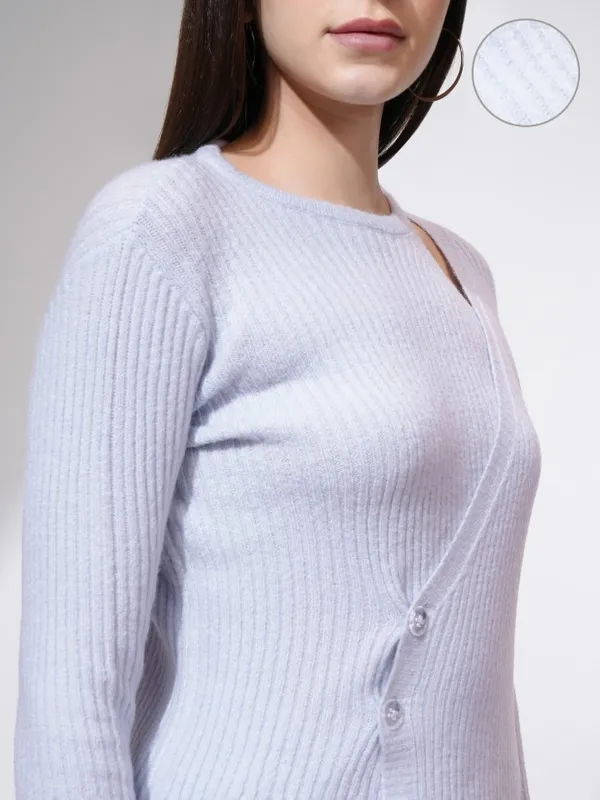 Tokyo Talkies Women Blue Round Neck Cable Knit Sweater