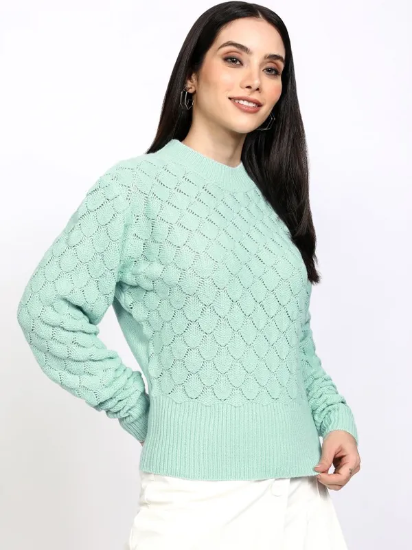 Tokyo Talkies Women Blue Round Neck Pullover Sweater