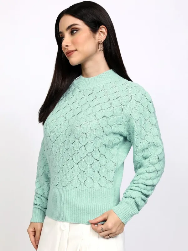 Tokyo Talkies Women Blue Round Neck Sweater