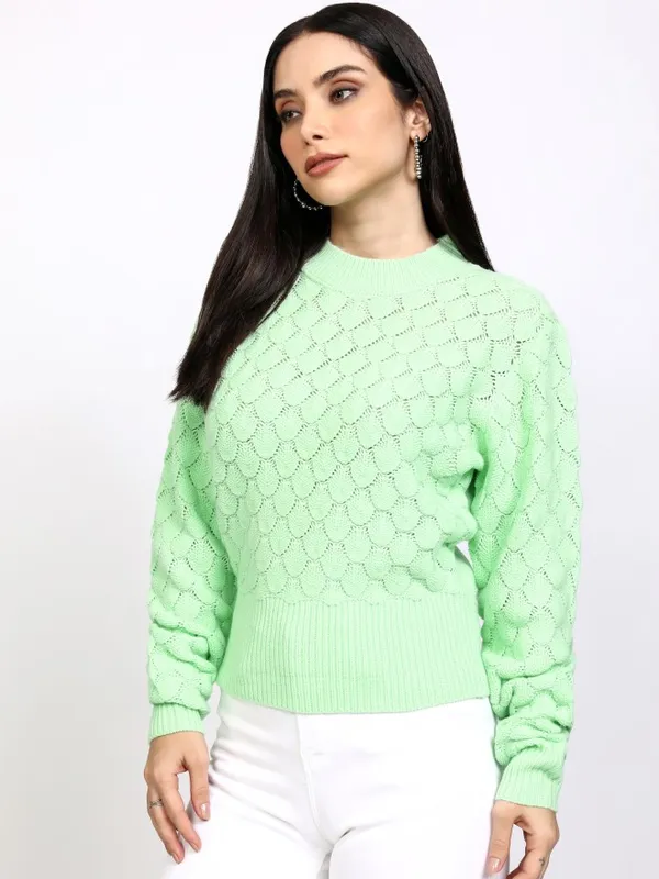 Tokyo Talkies Women Green Round Neck Sweater