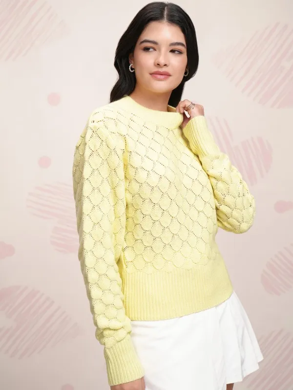 Tokyo Talkies Women Yellow Round Neck Sweater