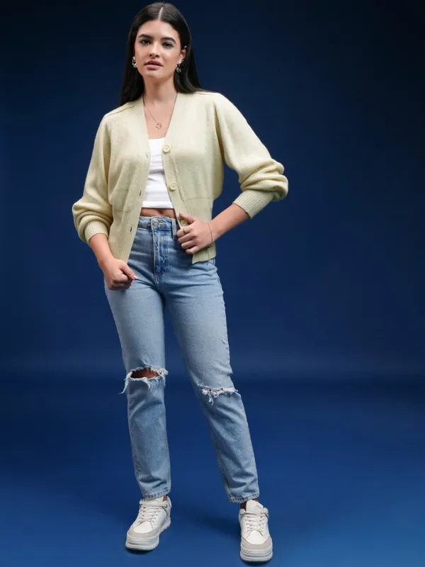 Tokyo Talkies Women Beige V-Neck Cardigan Sweater