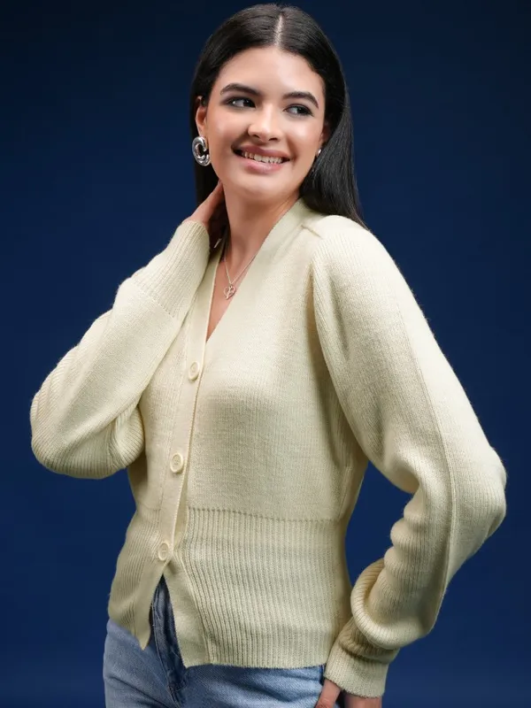 Tokyo Talkies Women Beige V-Neck Cardigan Sweater