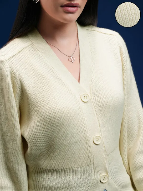 Tokyo Talkies Women Beige V-Neck Cardigan Sweater
