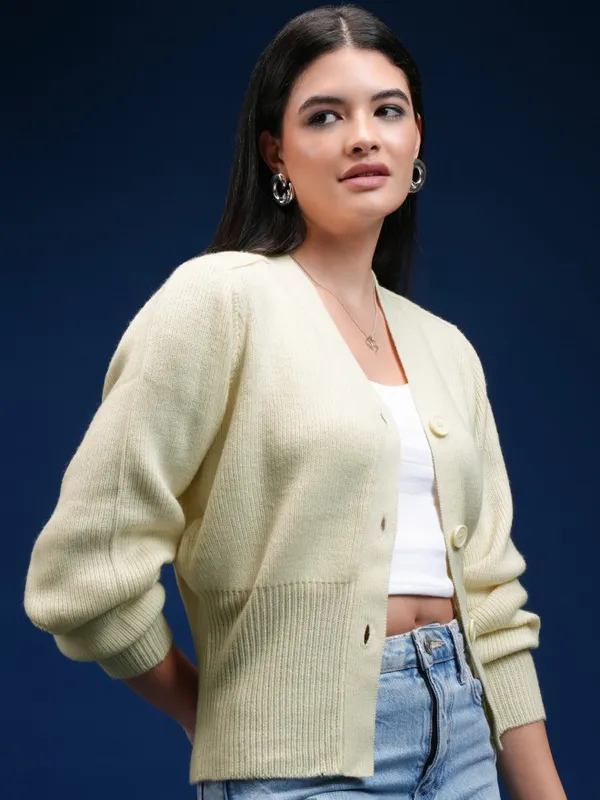 Tokyo Talkies Women Beige V-Neck Cardigan Sweater