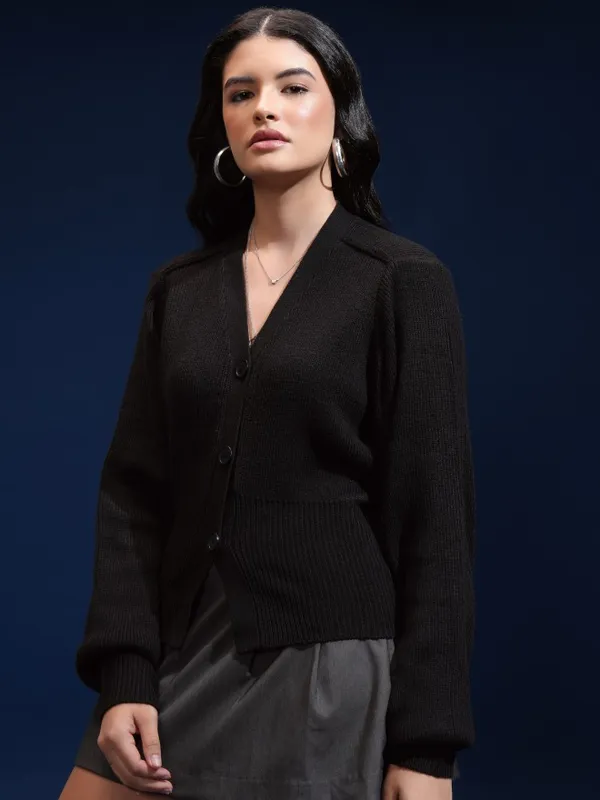 Tokyo Talkies Women Black V-Neck Sweater