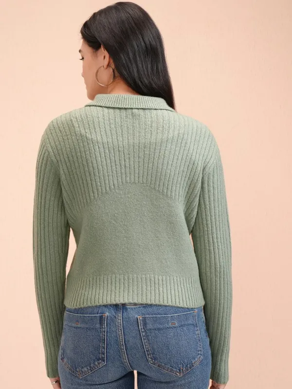 Tokyo Talkies Women Green Shawl Neck Sweater