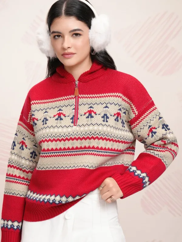 Tokyo Talkies Women Red Shawl Collar Pullover Sweater